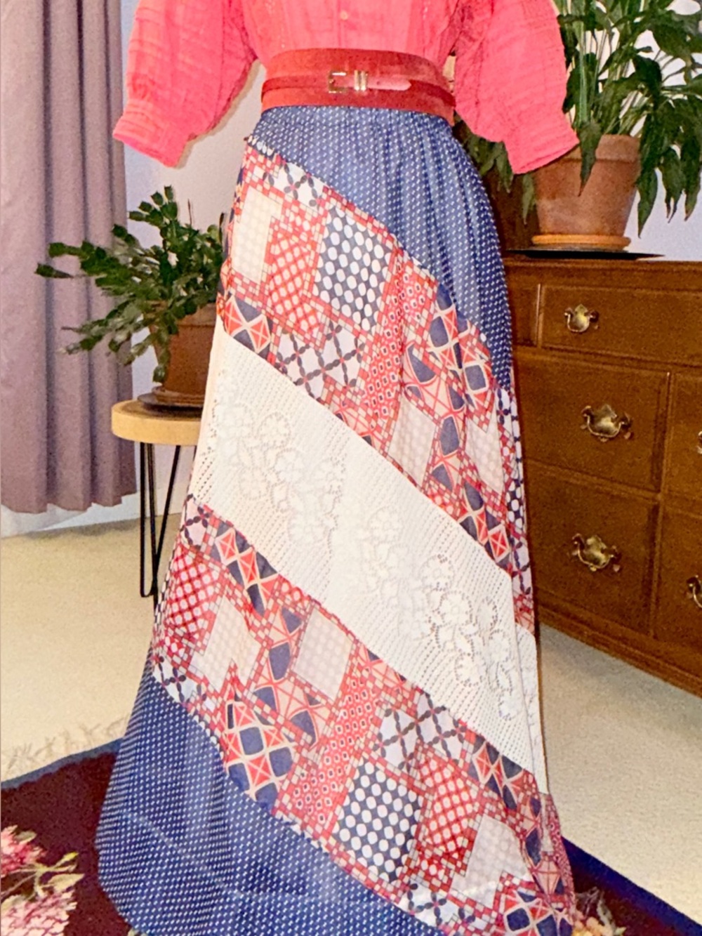 VTG 70s Chessa Davis Boho Prairie Retro Patchwork Lace Maxi Skirt 4th of July